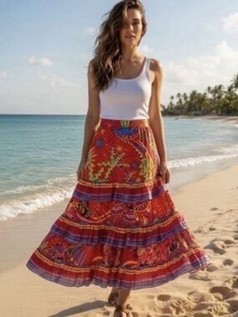Farm Rio | Maximalist Bohemian Preppy Multicolor Tiered Swing Skirt Tropical XS